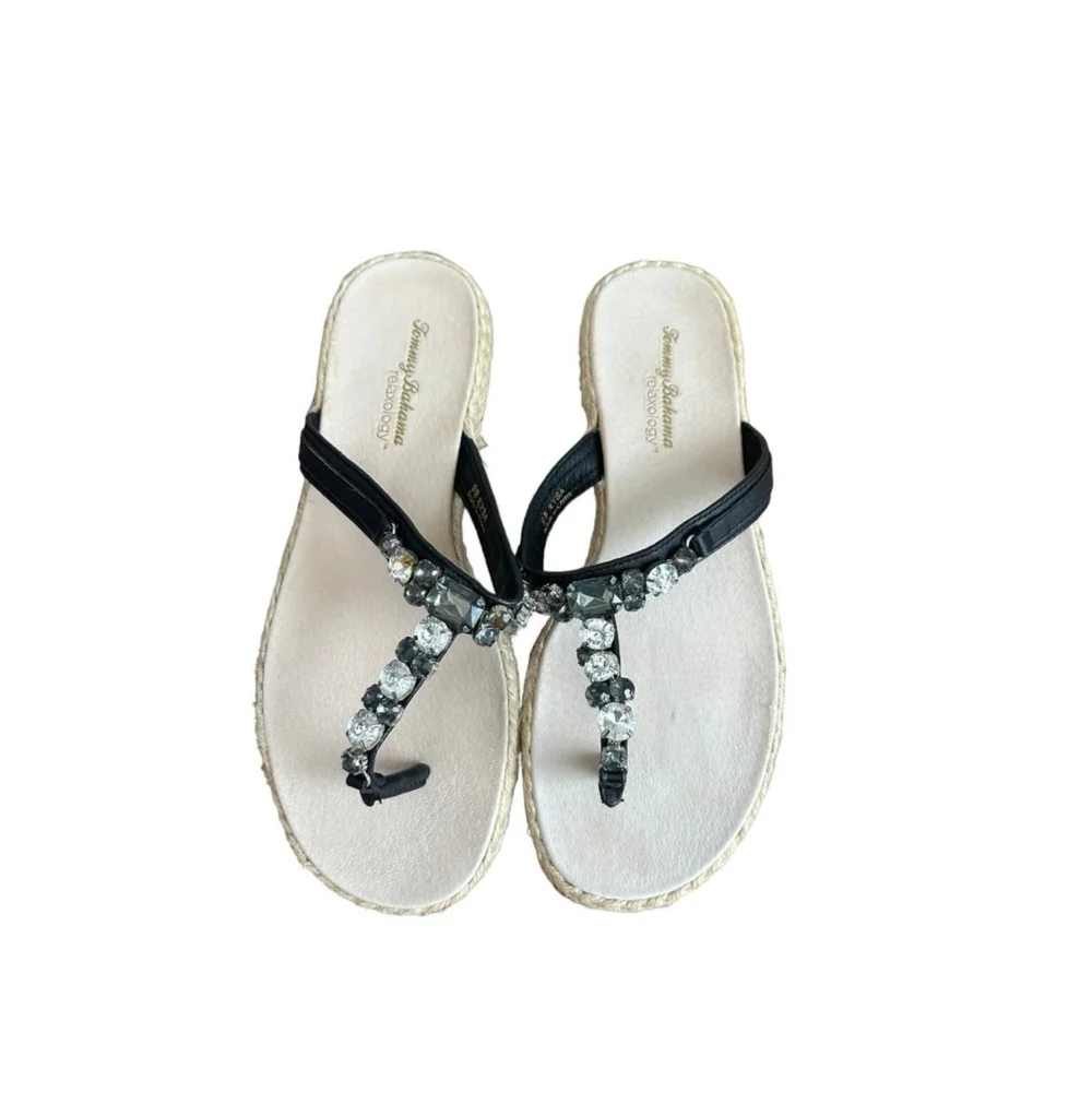 Women's Shoes TOMMY BAHAMA Relaxology Crystals Accent Black Leather Flip Flops